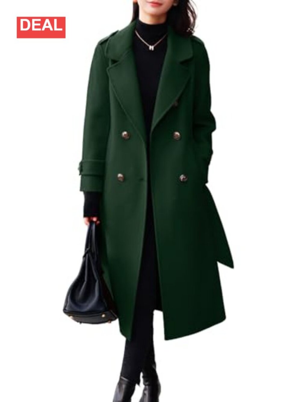 chouyatou Women's Belted Wool Coat Double Breasted Midi Long Casual Trench